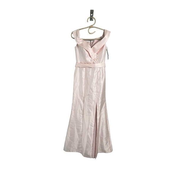 Alfred Sung D760 Off-The-Shoulder Satin Gown in Blush with Slit Size 0 NEW - Picture 5 of 14